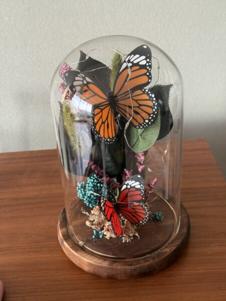 Fanal con mariposas 3D y flores.
